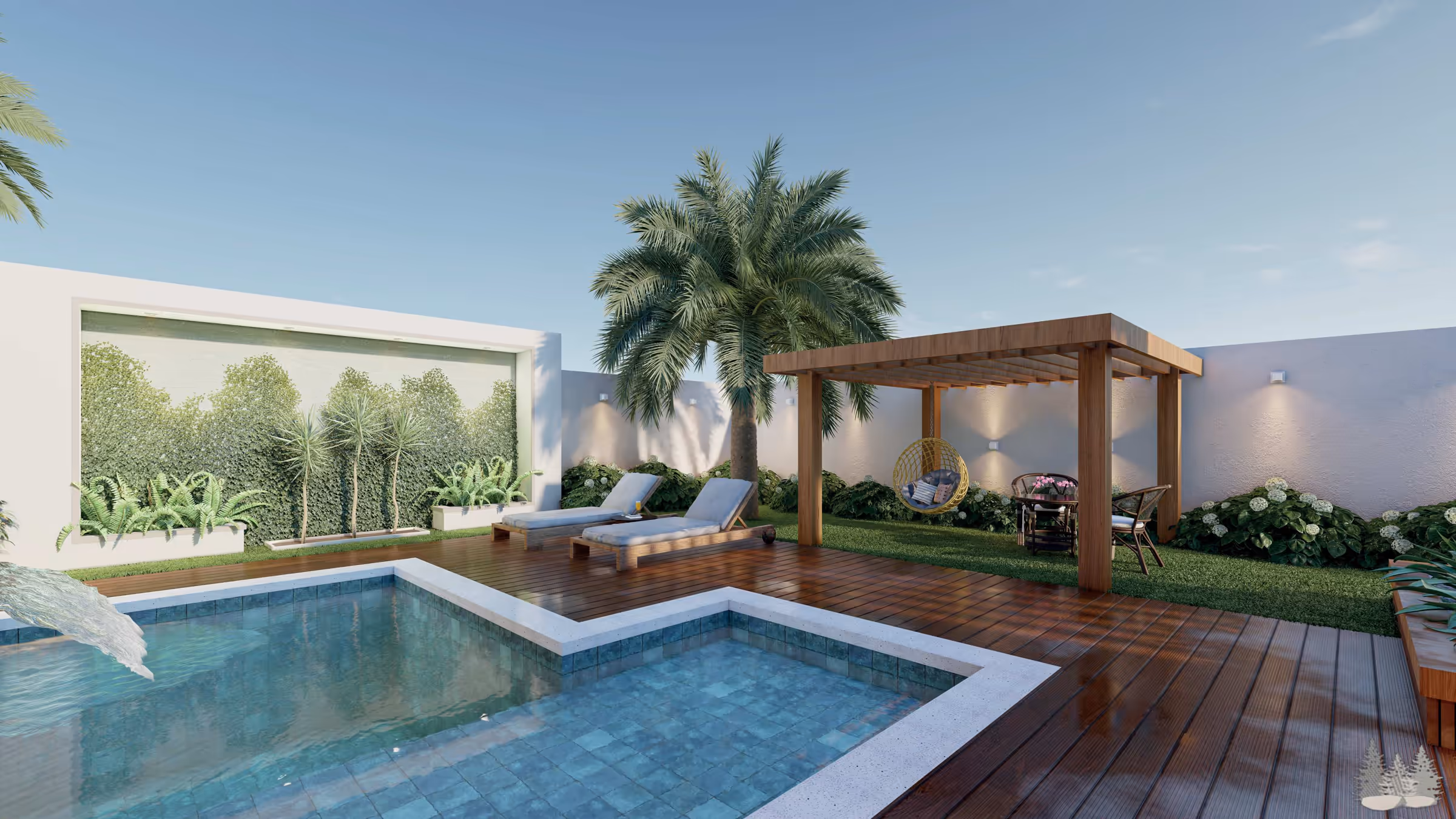 Piscina em L com deck de madeira, pergolado, cadeira suspensa e jardim vertical