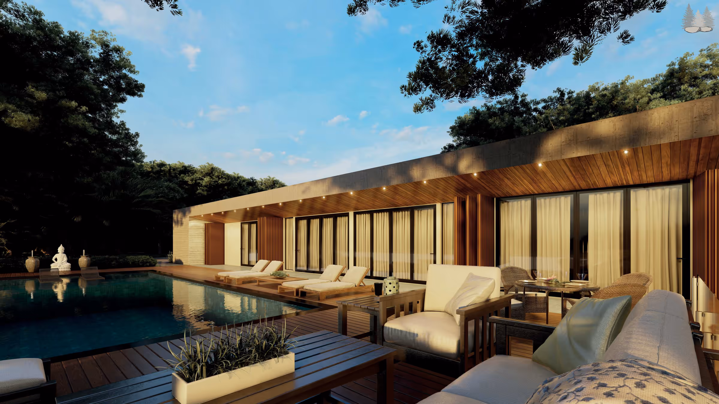 Piscina e deck ao anoitecer, com portas de vidro iluminadas e sofá externo