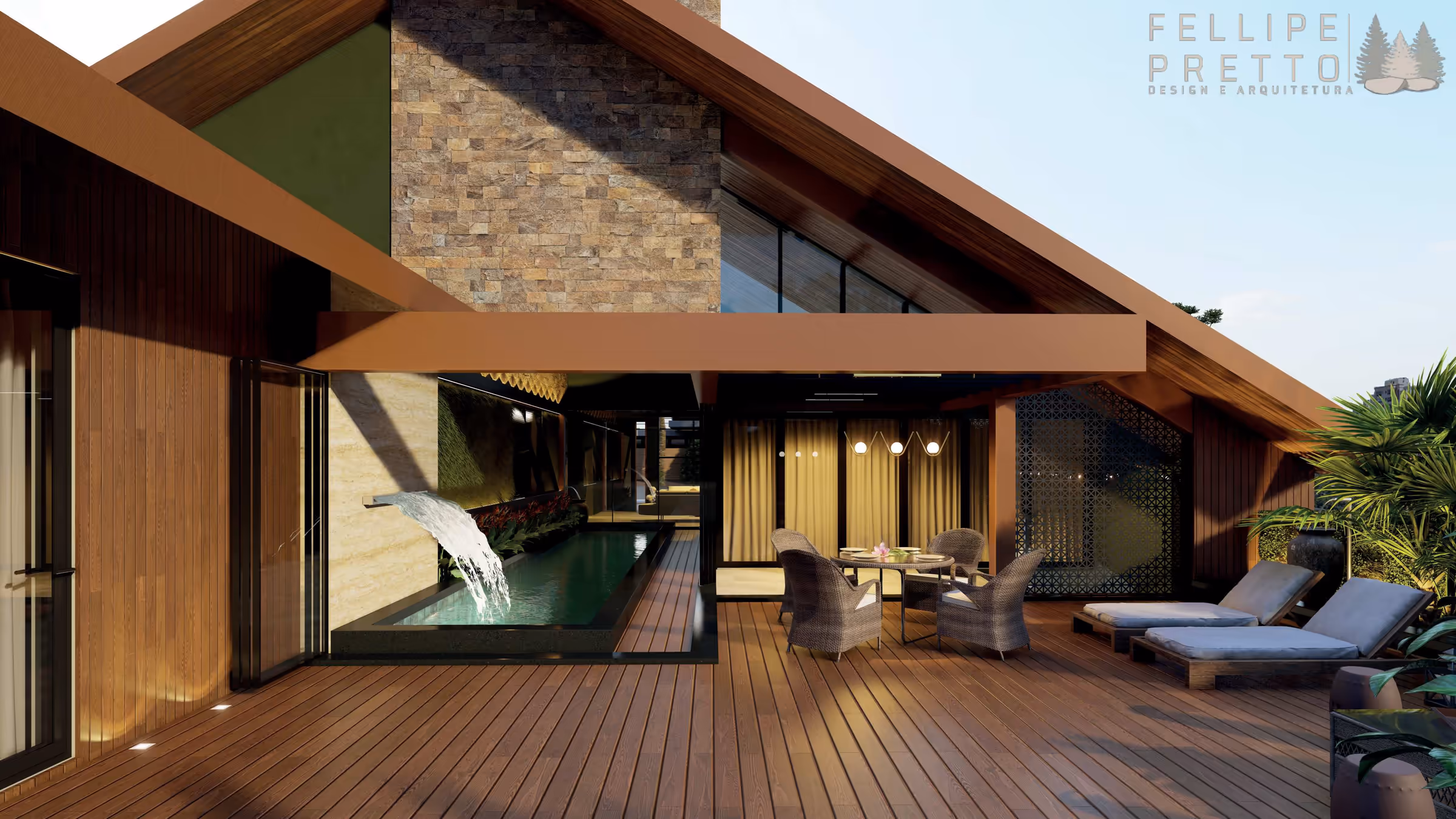 Área da piscina coberta: lâmina d’água, deck, mesa, espreguiçadeiras e cortinas