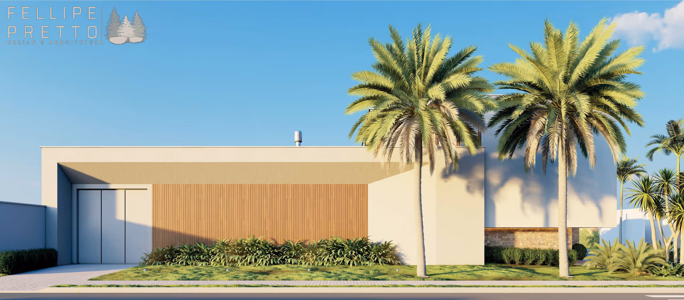 Fachada lateral com muro cego, painel de madeira ripada e portão